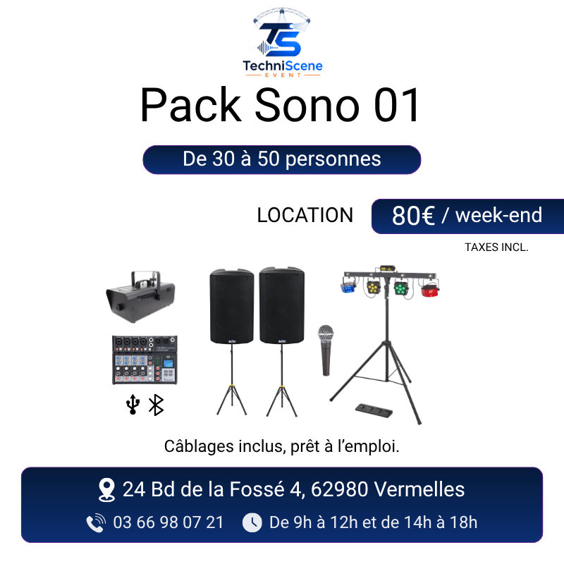 Pack sono à louer pour 30 à 50 personnes - 2 enceintes Alto TX410, table de mixage, micro, jeux de lumière et machine à fumée - XXL Live