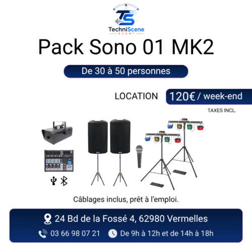 Pack sono MK2 à louer pour 30 à 50 personnes - 2 enceintes Alto TX410, table de mixage, micro, 2 jeux de lumière et machine à fumée - XXL Live