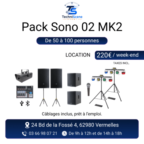 Pack sono MK2 à louer pour 50 à 100 personnes - 2 enceintes Myos 15, 2 caissons de basse Myos Sub, table de mixage, micro, 2 jeux de lumière et machine à fumée - XXL Live