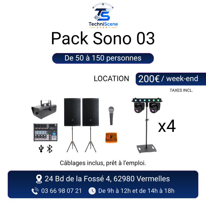 Pack sono à louer pour 50 à 150 personnes - 2 enceintes Myos 15, table de mixage, micro, 4 lyres double tête sur pieds Gravity pilotées Sunlite et machine à fumée - XXL Live
