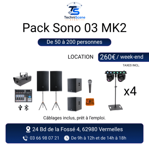 Pack sono MK2 à louer pour 50 à 200 personnes - 2 enceintes Myos 15, 2 caissons de basse Myos Sub, table de mixage, micro, 4 lyres double tête sur pieds Gravity pilotées Sunlite et machine à fumée - XXL Live