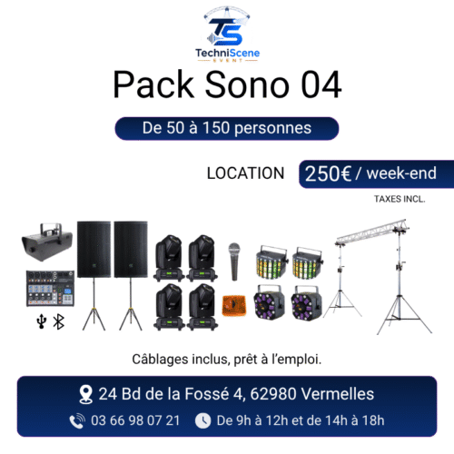 Pack sono à louer pour 50 à 150 personnes - pack sonorisation et jeux de lumières professionnels avec structure d'éclairage - XXL Live