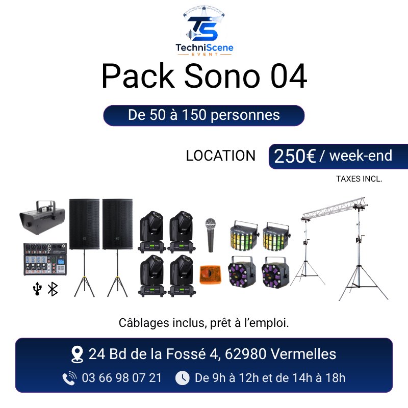 Pack sono à louer pour 50 à 150 personnes - pack sonorisation et jeux de lumières professionnels avec structure d'éclairage - XXL Live