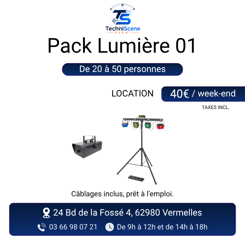 Pack lumière à louer pour 20 à 50 personnes - party bar LED multi-effets sur pied et machine à fumée - XXL Live