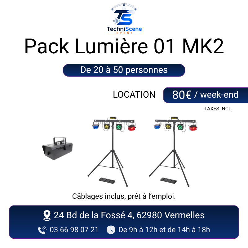 Pack lumière MK2 à louer pour 20 à 50 personnes - 2 party bars LED multi-effets sur pieds et machine à fumée - XXL Live