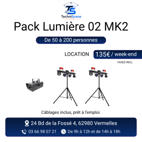 Pack lumière MK2 à louer pour 50 à 200 personnes - 2 party bars avec effets laser et LED sur pieds et machine à fumée - XXL Live