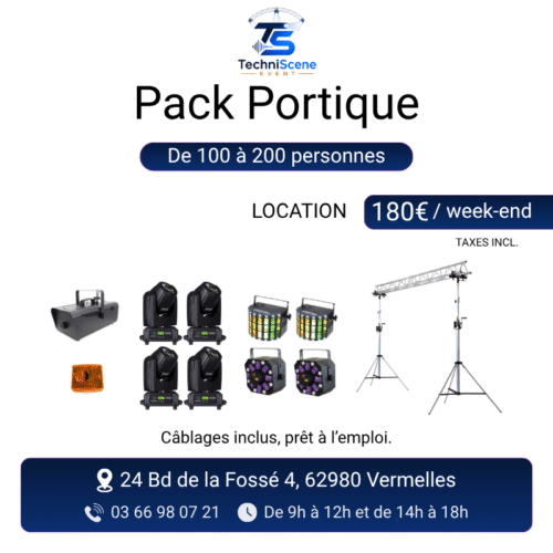 Pack portique lumière à louer pour 100 à 200 personnes - lyres motorisées, effets LED derby et moon flower, structure truss et machine à fumée - XXL Live