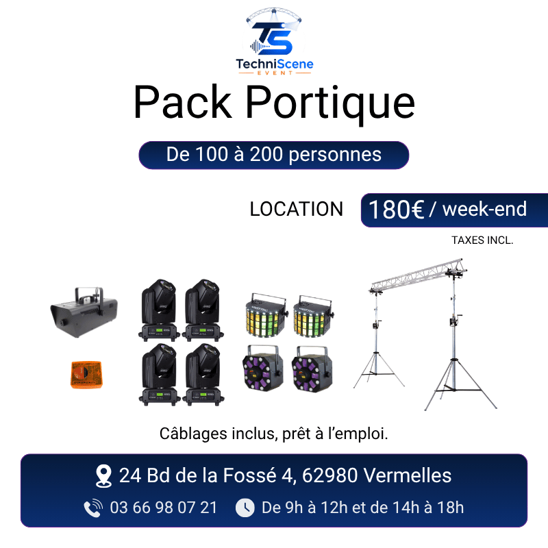 Pack portique lumière à louer pour 100 à 200 personnes - lyres motorisées, effets LED derby et moon flower, structure truss et machine à fumée - XXL Live