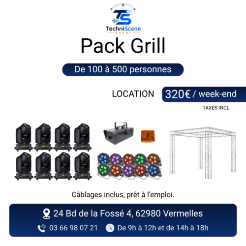 Pack grill à louer pour 100 à 500 personnes - structure grill 6x6x3m, 8 lyres motorisées, 6 PAR LED et machine à fumée - XXL Live