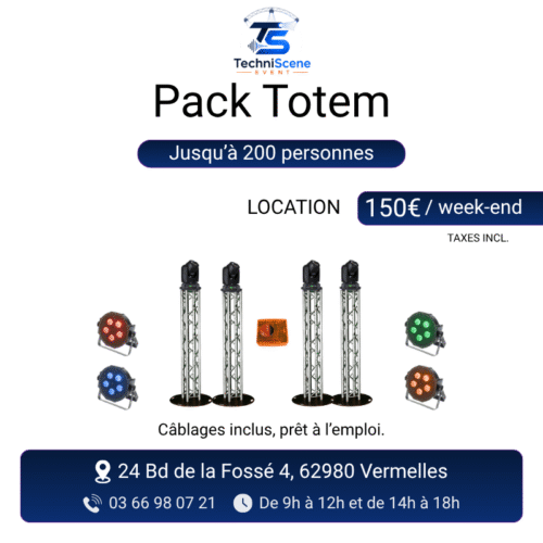 Pack totem lumière à louer jusqu'à 200 personnes - 4 totems truss avec lyres motorisées, 4 PAR LED au sol pilotés Sunlite - XXL Live