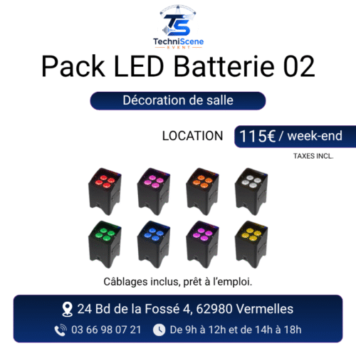Pack LED batterie 02 à louer décoration de salle - 8 projecteurs PAR LED sans fil sur batterie RGB - XXL Live