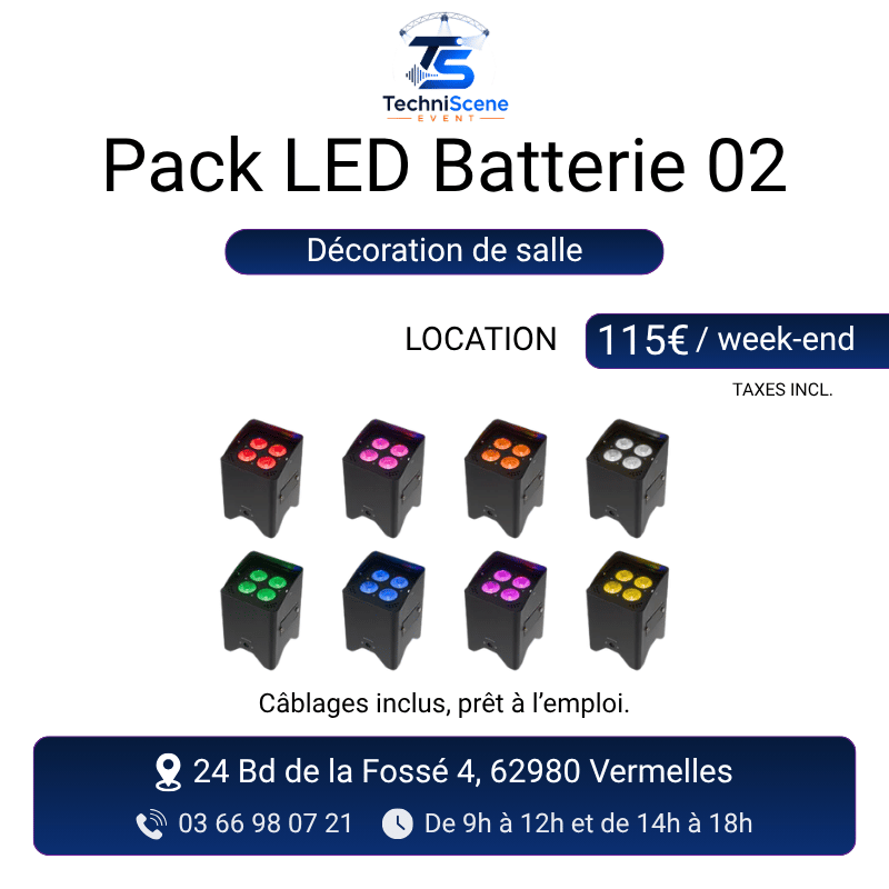 Pack LED batterie 02 à louer décoration de salle - 8 projecteurs PAR LED sans fil sur batterie RGB - XXL Live
