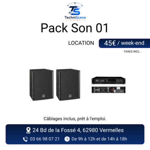 Pack son passif à louer - 2 enceintes HK Audio 400W RMS et rack d'amplification QSC - XXL Live