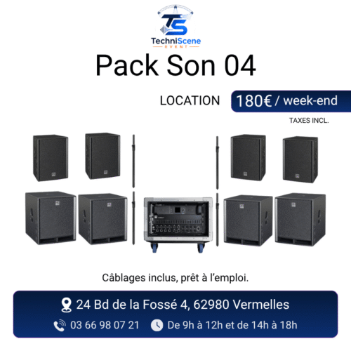 Pack son passif à louer - 4 enceintes HK Audio sur pieds perche, 4 caissons de basse HK Audio et rack d'amplification flight case - XXL Live