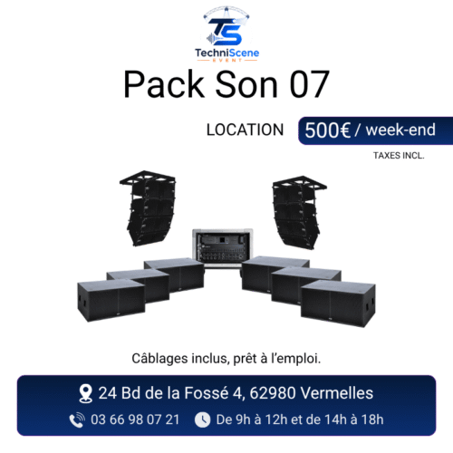 Pack son line array suspendu à louer - 8 enceintes DVA K5 en accroche sur bumpers, 6 caissons de basse RS 218 et rack d'amplification flight case - XXL Live