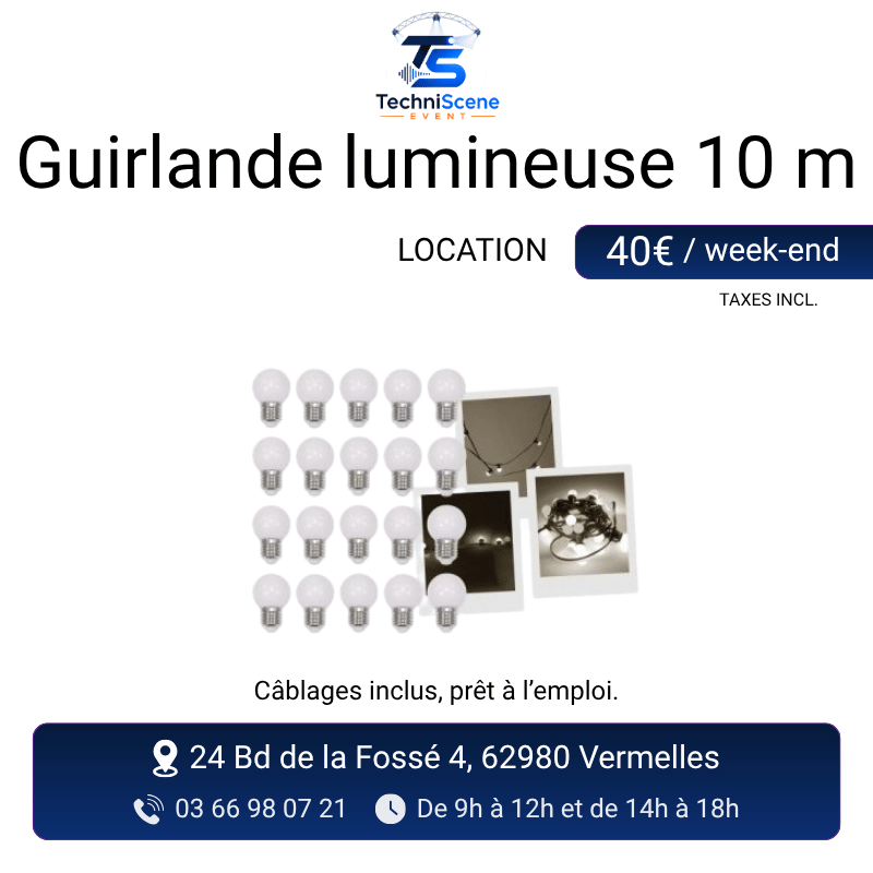 Location guirlande lumineuse 10 mètres ampoules blanc chaud - décoration lumineuse pour mariages et événements - XXL Live