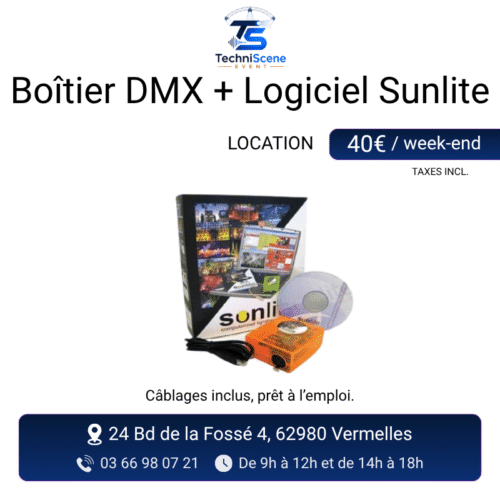 Location interface DMX USB avec logiciel Sunlite - contrôle informatisé de l'éclairage scénique - XXL Live